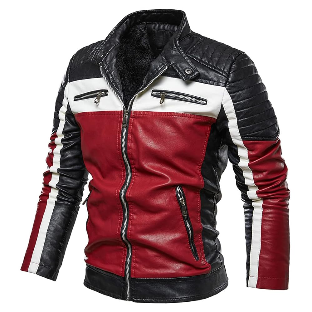 Men's Black & Red Leather Jacket - Quilted Shoulders Stand